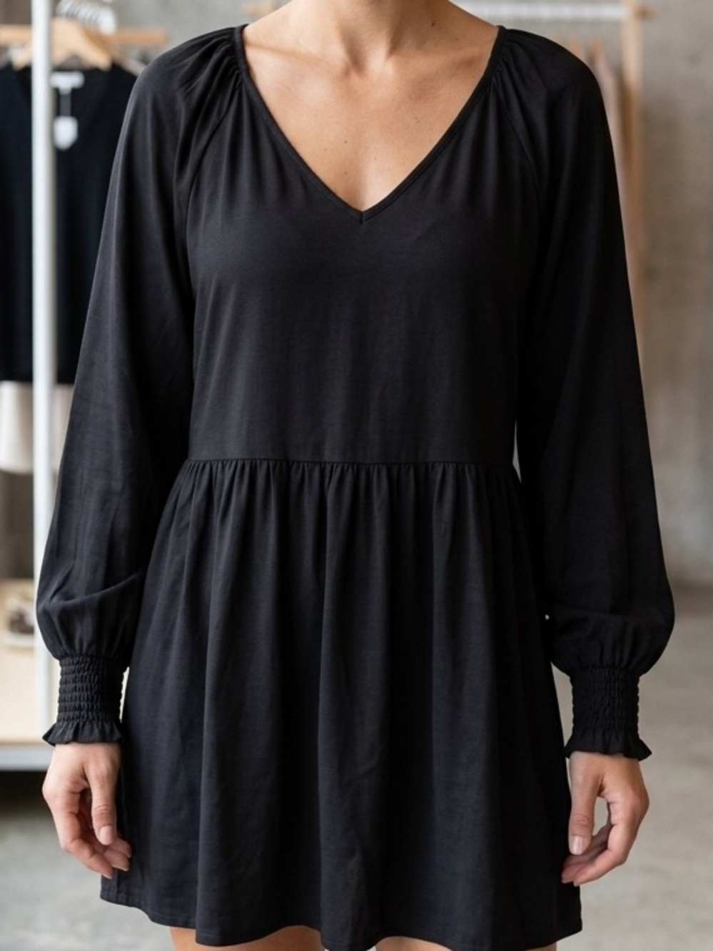 Black V-Neck Smocked-Cuff top